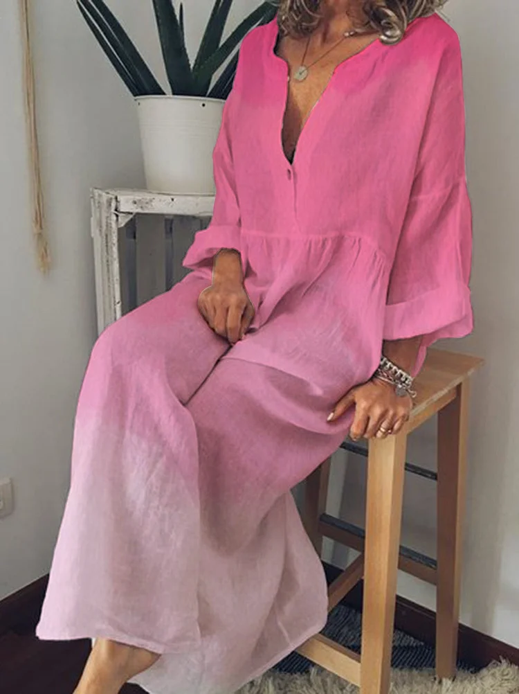 Women‘s  Raspberry Color V- Neck Long Sleeve Casual Dress-Mayoulove