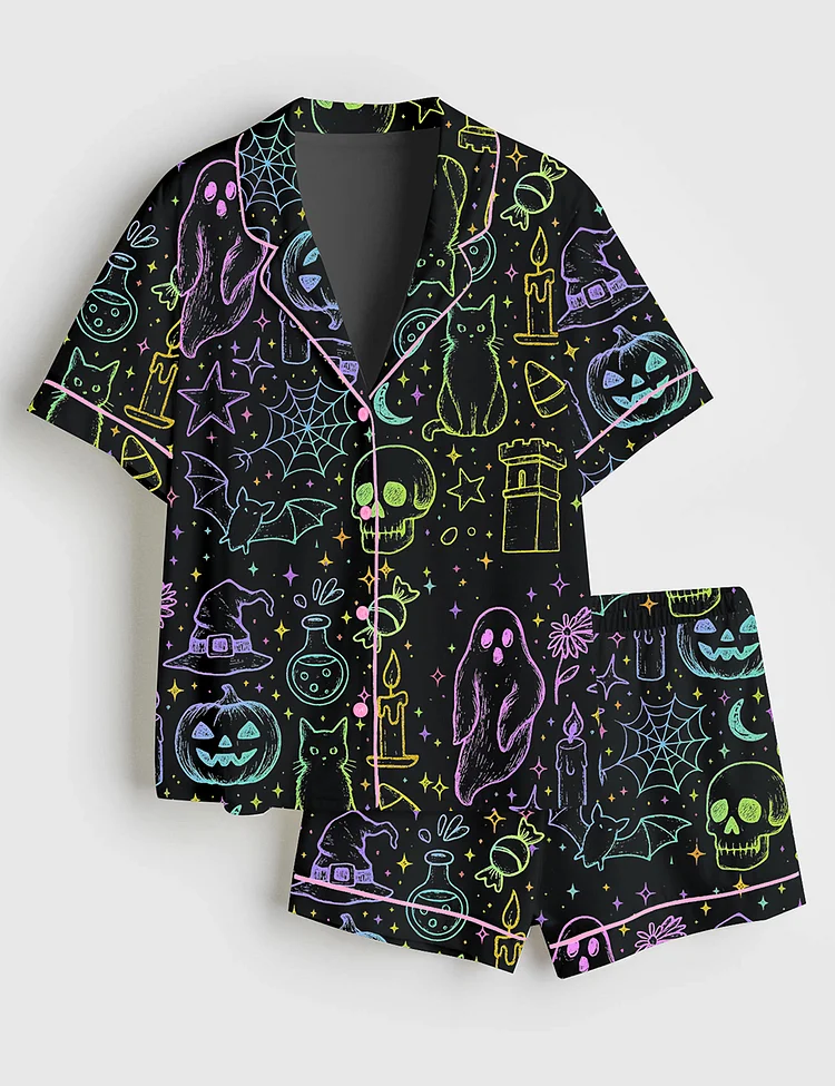Women&rsquo;s Halloween Neon Cute Boo Ghost Coquette Spooky Season Horror Movie Horror Night Print Short Sleeve Satin Pajama Set