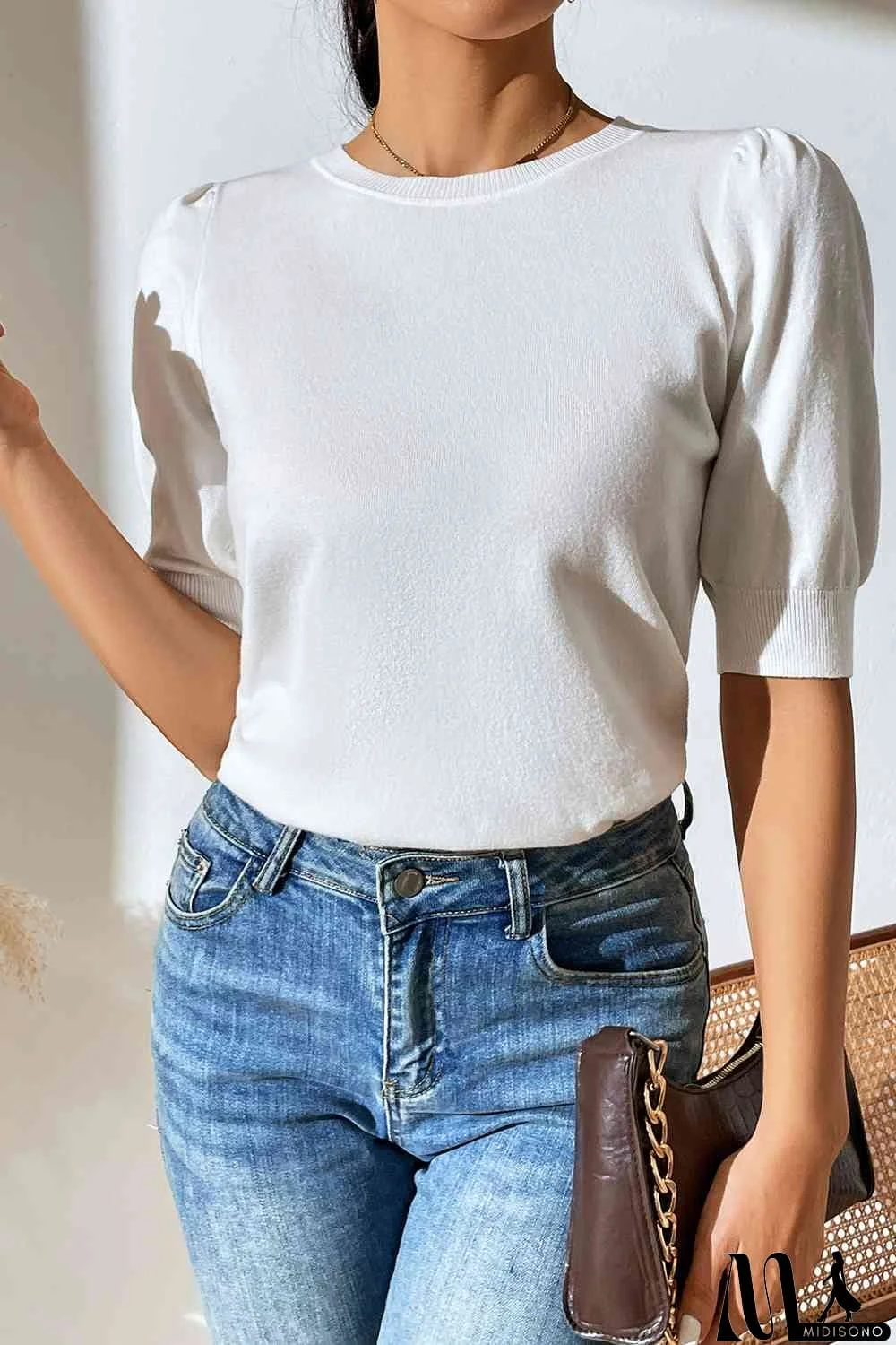 MidiSono - Round Neck Puff Sleeve Knit Top