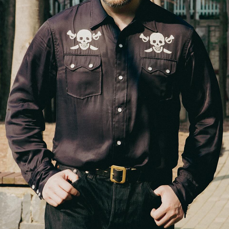 Men's Vintage Black Embroidered Lapel Single Breasted Shirt