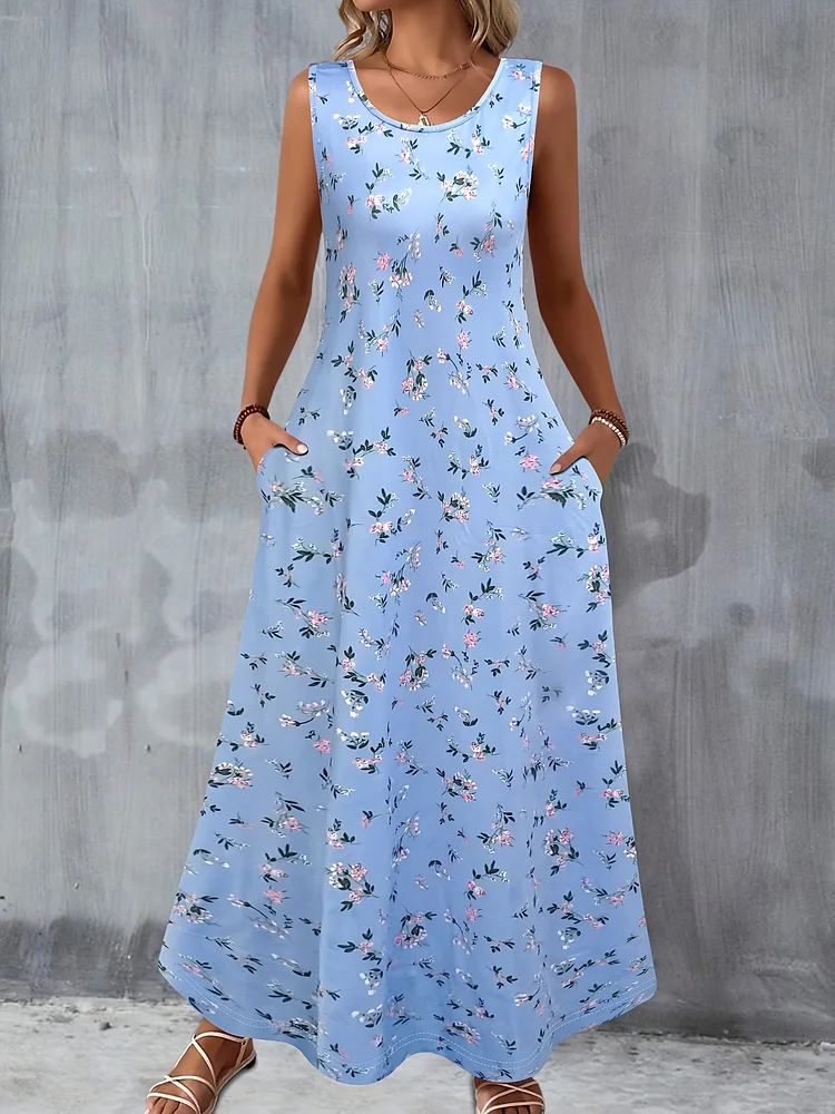 Plus Size Women's Summer Sleeveless Dress | Floral Print Round Neck With Pockets, Casual Vacation Dress, Breathable Mid-Stretch Fabric, Machine Washable, Cute Summer Dresses, Casual Attire, Nontransparent Material