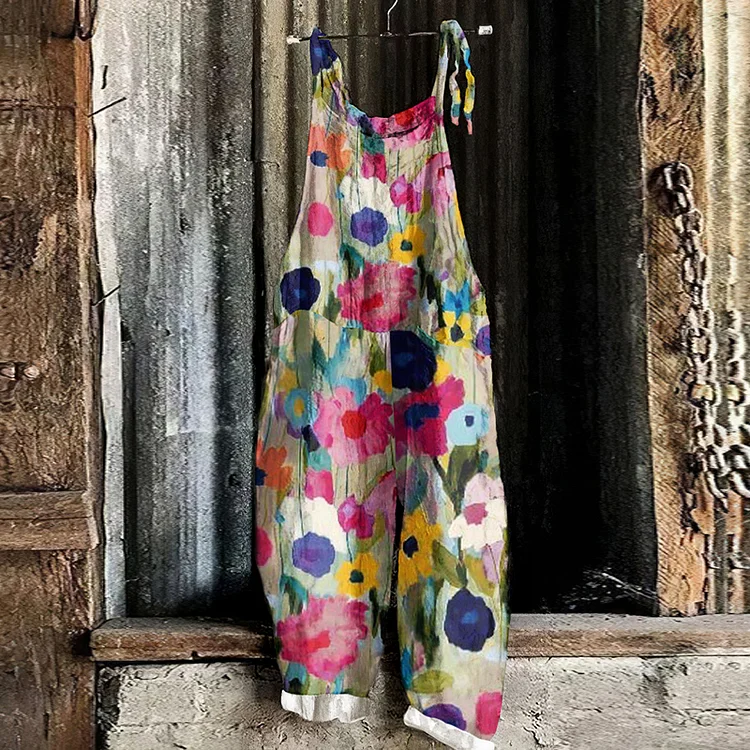 Vintage Colorful Floral Linen Blend Loose Casual Jumpsuit