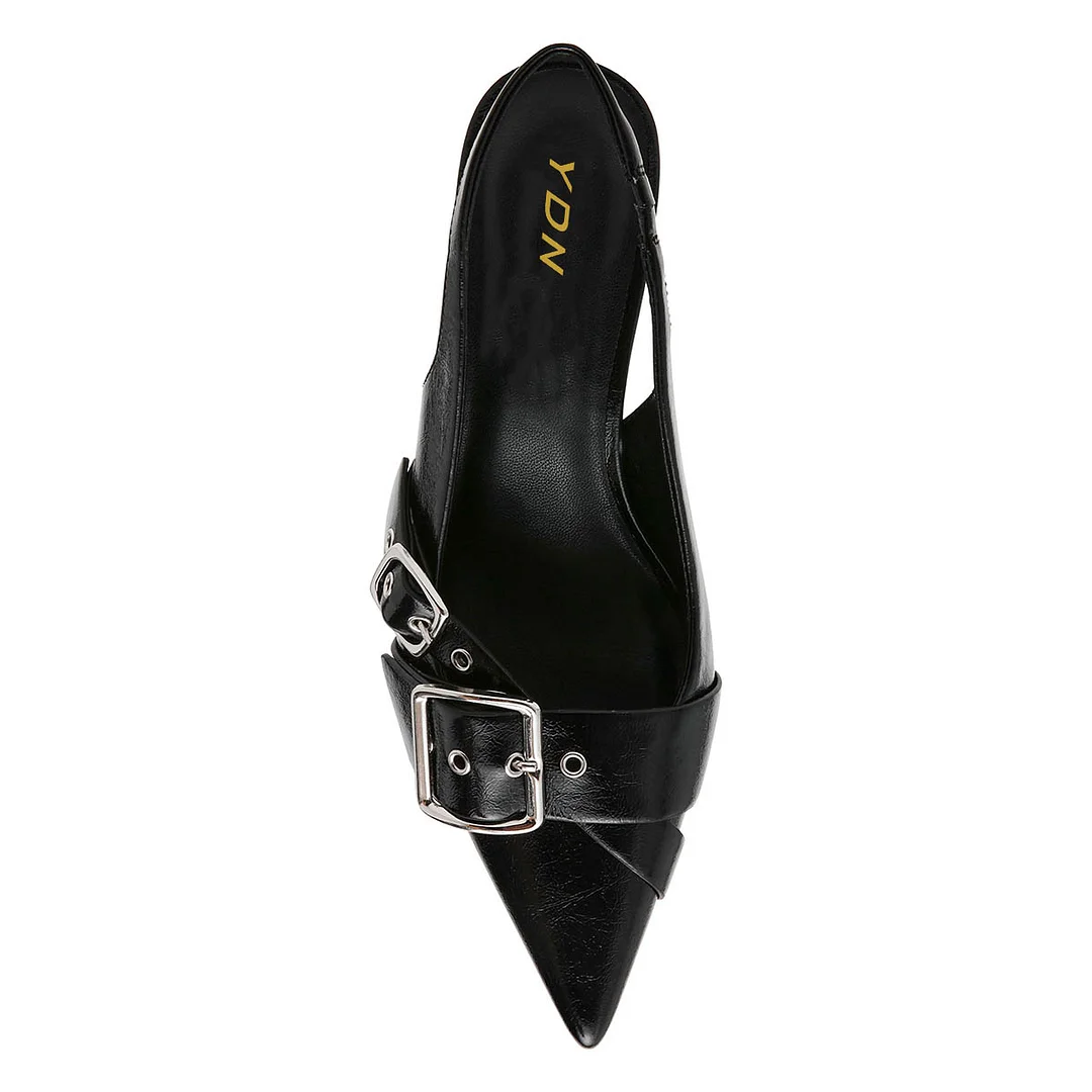 Buckle Strap Pointed Toe Kitten Heel Slingback Shoes in Black