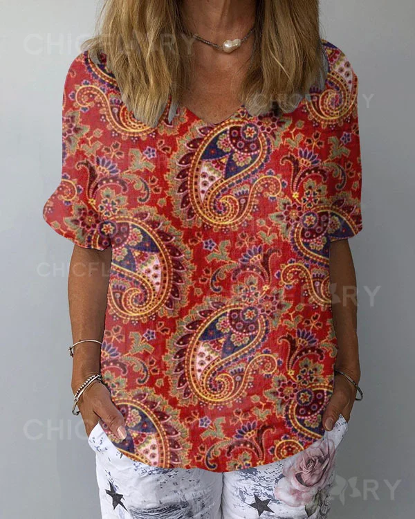 Paisley Linen V-Neck Loose Top