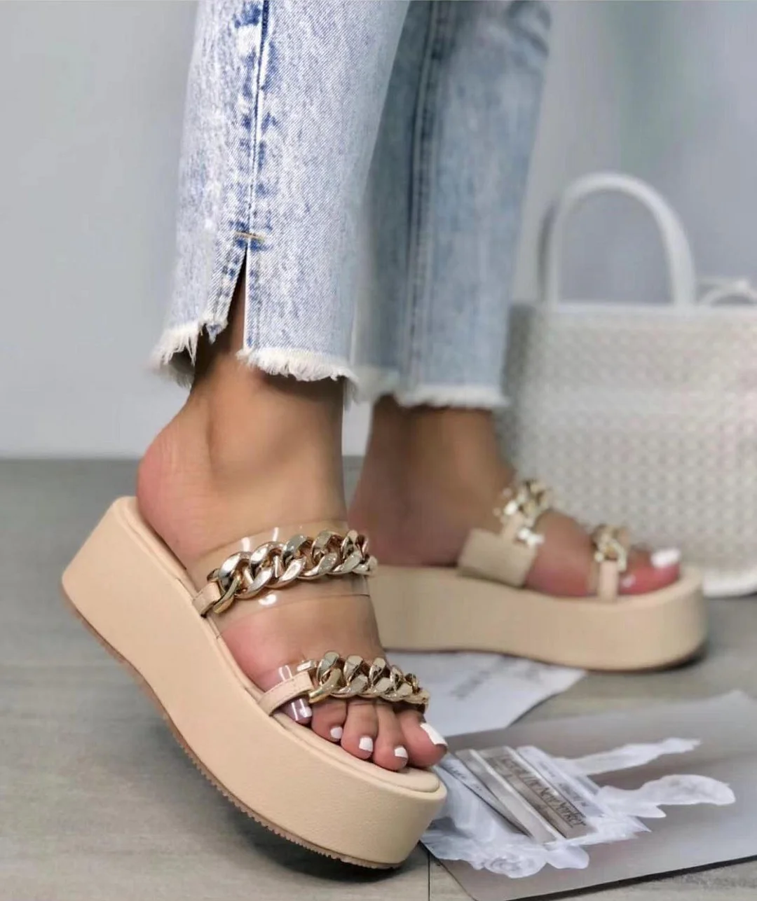 Vstacam Back to school Summer Shoes PVC Chain Flat Platform Sandals Women Soft Bottom Buckle Casual Open Toe Transparent Wedges Luxury Slides Cute