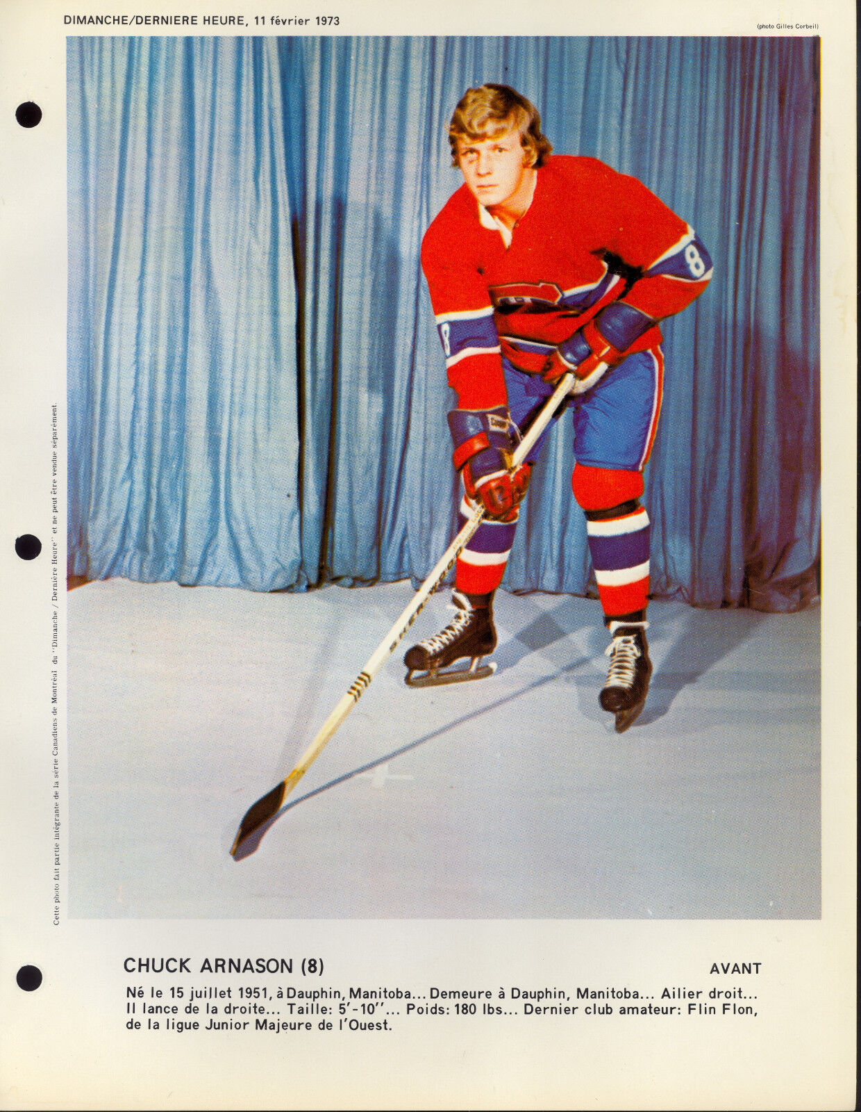 1973 Chuck Arnason RC year MONTREAL CANADIENS NM DIMANCHE DERNIERE 8X11 Photo Poster painting