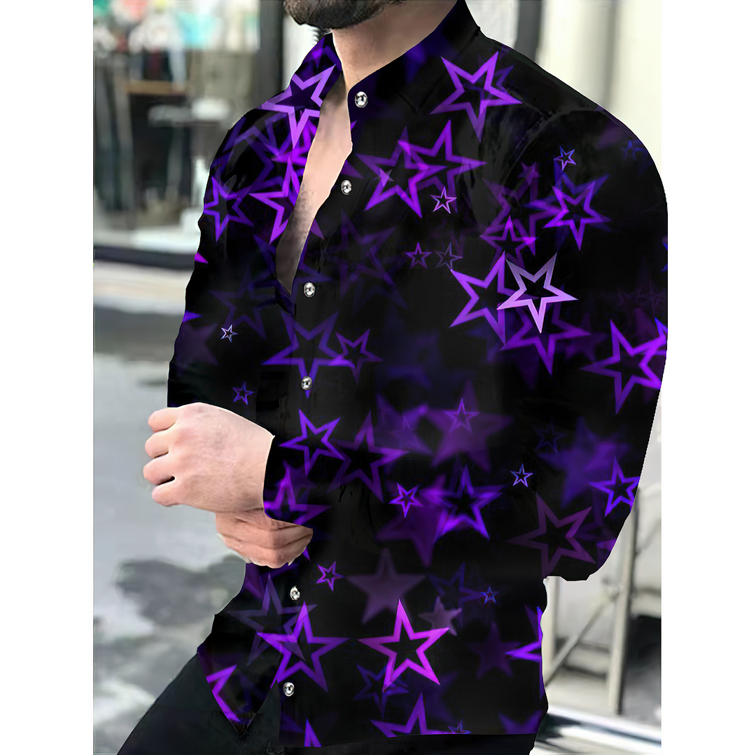 Casual Purple Star Pattern Printed Long Sleeve Men's Shirt