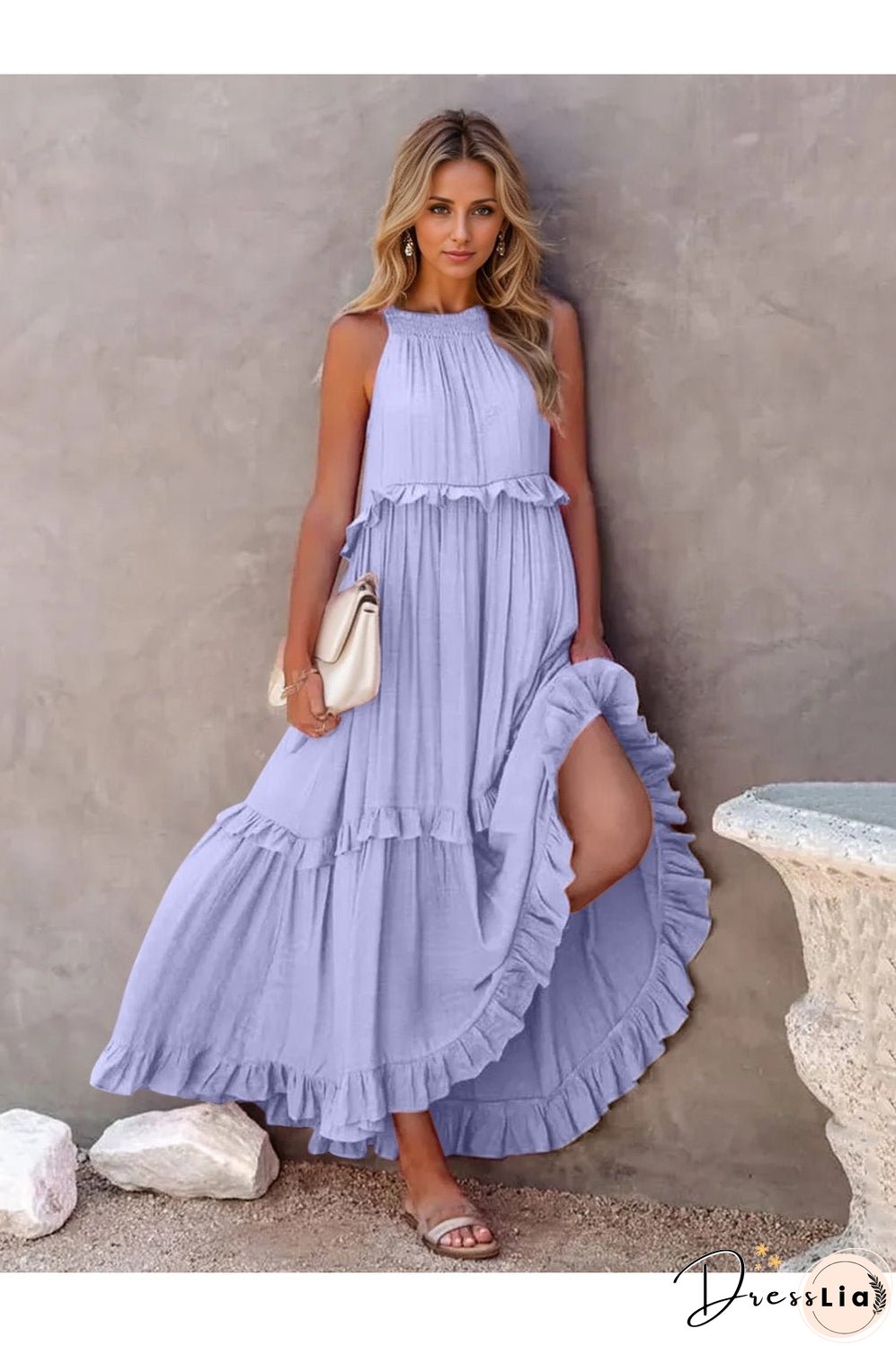 Ruffled Sleeveless Tiered Maxi Dress with Pockets