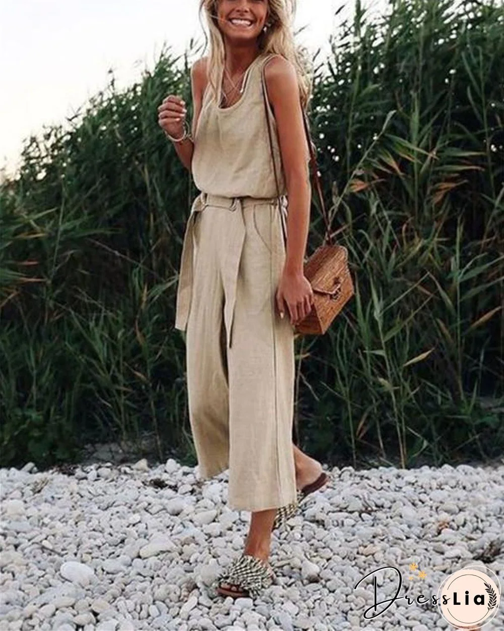 Khaki Casual Sleeveless Solid Jumpsuit