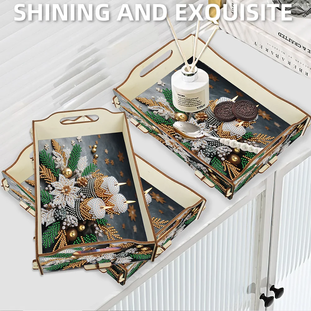 5D DIY Candle Diamond Painting Wooden Serving Tray with Handle for Coffee Table