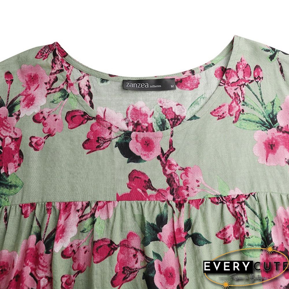 Women Summer Short Sleeve Crew Neck Loose Baggy Floral Printed Long Midi Shirt Dress Holiday Plus