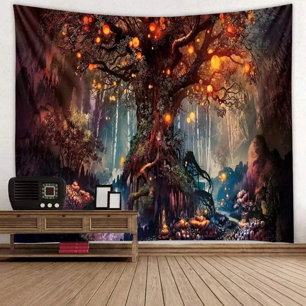 Psychedelic Trees Tapestry Wishing Lantern Trees Wall Hanging Landscape Wall Tapestry Carpet Bed Sheet Bohemian Hippie HomeDecor