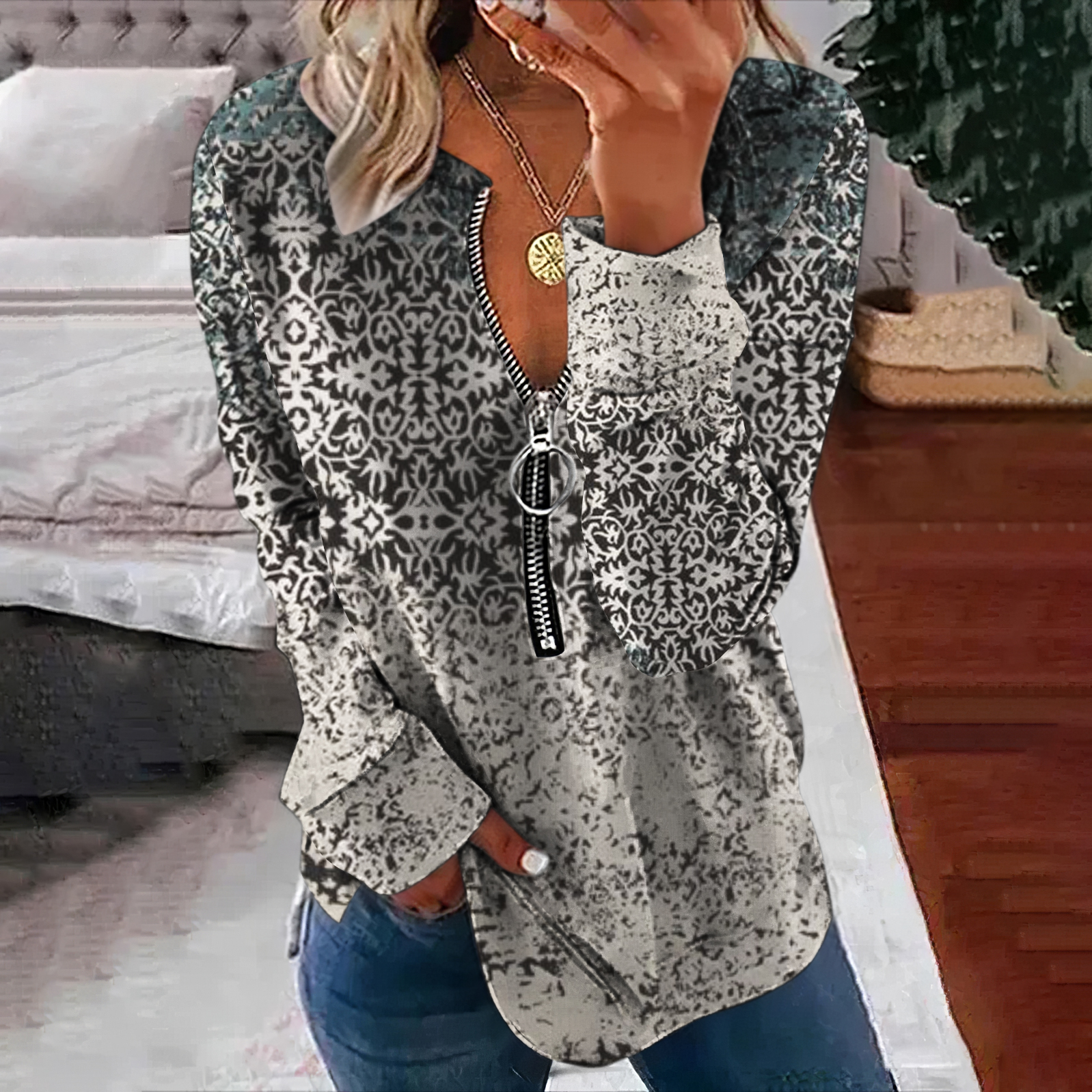  Vintage Tribal Printed Zipper Long Sleeve Sweatshirt Westsshops