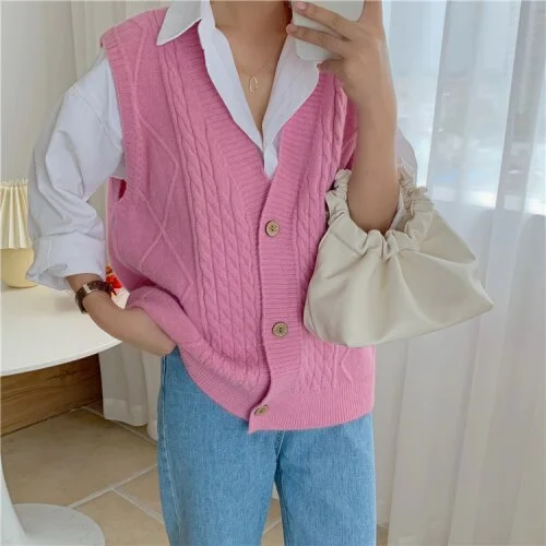 Women Sweater Vest Knitted Spring New Loose Lovely Gentle Elegant All-match V-neck Single Breasted Outwear Leisure Trendy Chic