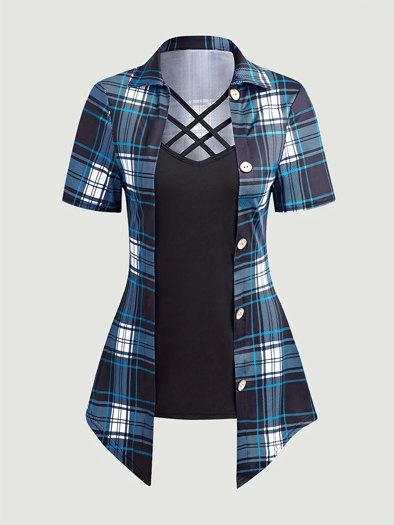 Plaid Print Mixed Media Blouse, Casual Short Sleeve Crisscross Neck Asymmetric Hem Top For Spring & Summer, Women's Clothing | IFYHOME