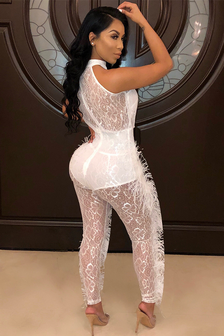 Floral Pattern Mesh Patchwork Sleeveless Feather Trim Party Jumpsuit-White