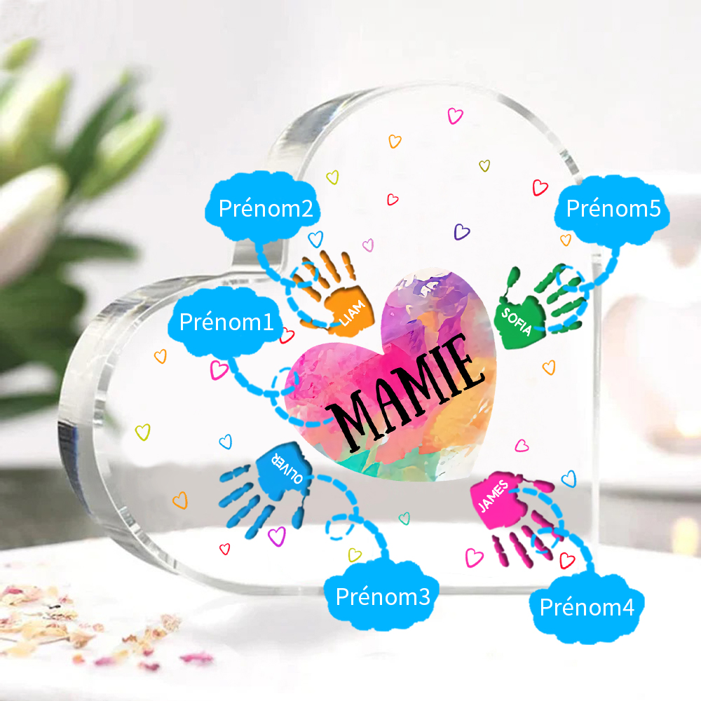 À ma Maman/Mamie - Plaque Acrylique Mains et Enfants en Forme de Cœur 5 Prénoms Personnalisés