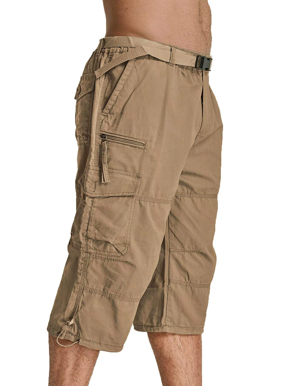 Men Summer Casual 3/4 Long Cargo Twill Cotton Elastic Waist Multiple Pockets Baggy Comfortable Capris Trousers