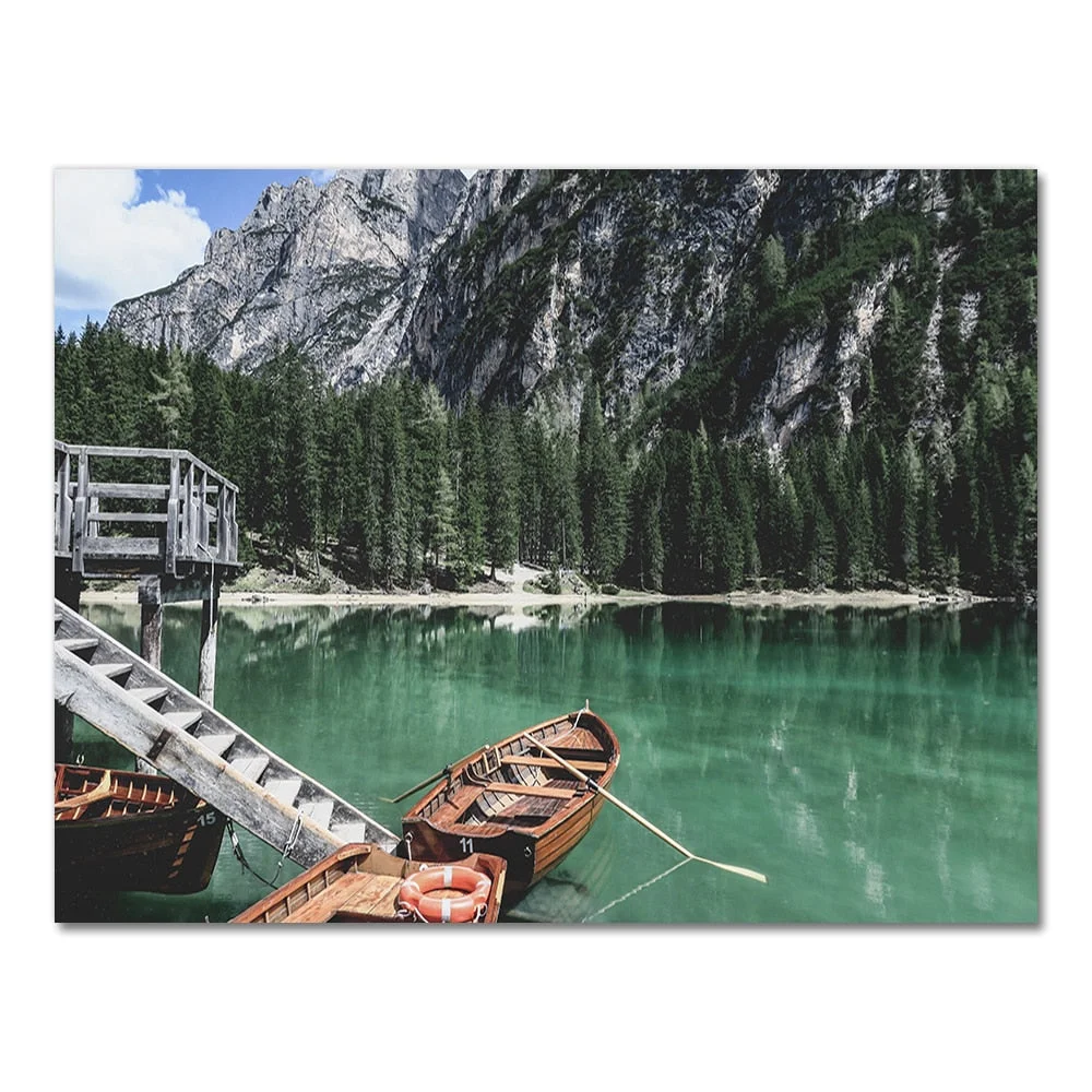 Mountain Lake Print Lago Di Braies Canvas Poster Painting Train Landscape Wall Art Modern Living Room Home Decor Wall Pictures