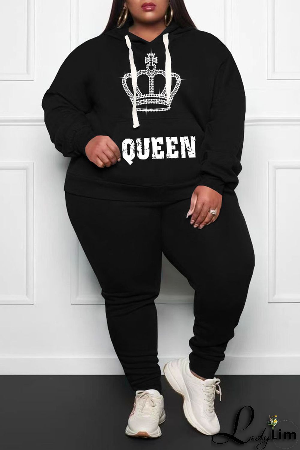 Pink Casual Print Patchwork Hooded Collar Plus Size Two Pieces