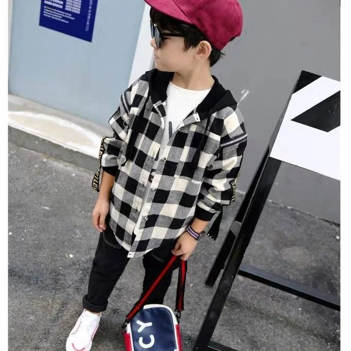 INS hot Boys Outdoor Jackets 3-13 year old Korean Sping and autumn jacket boys Hooded plaid shirt letters print kids coat