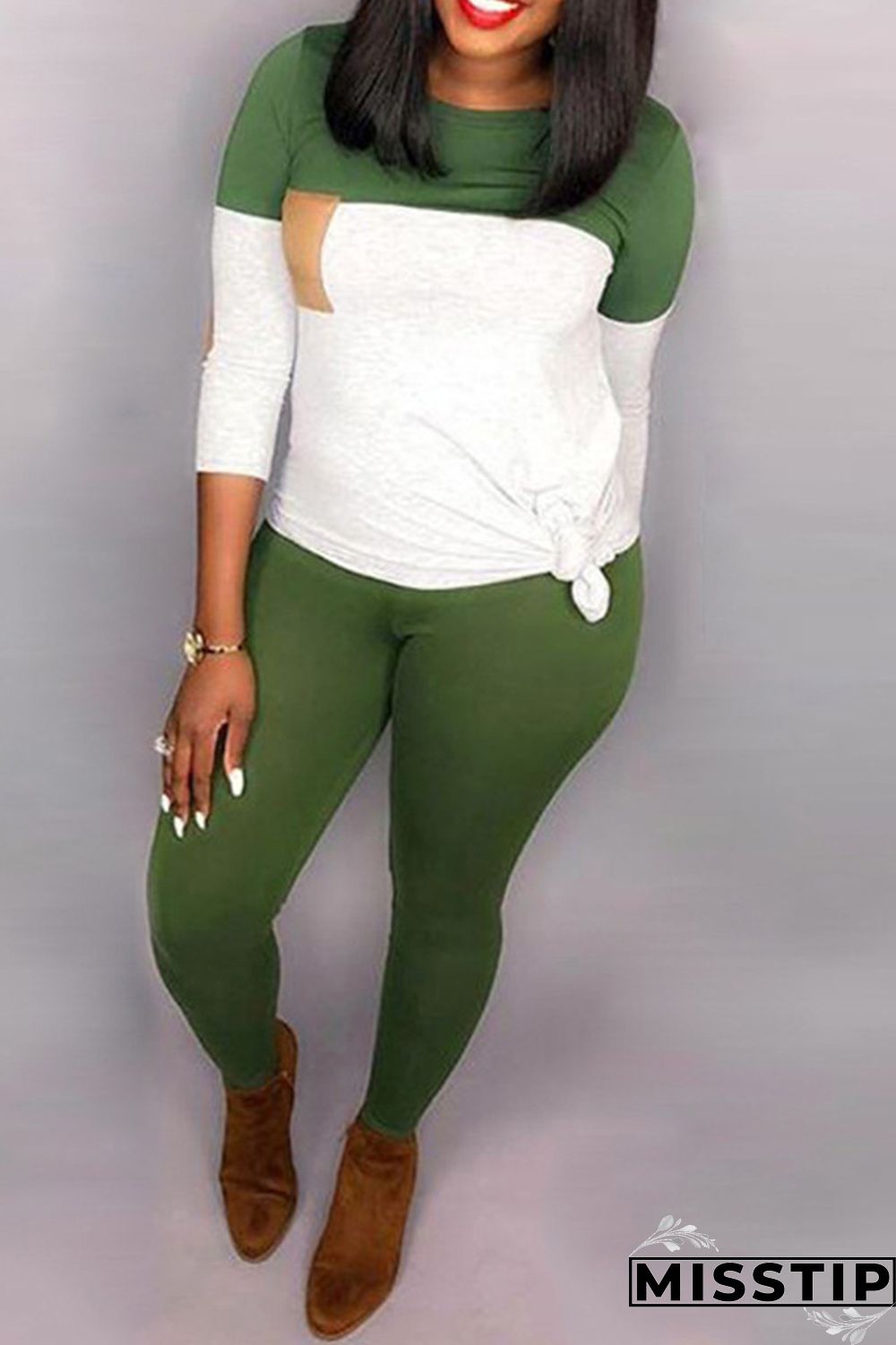 Green Fashion Casual Patchwork Patchwork O Neck Long Sleeve Two Pieces