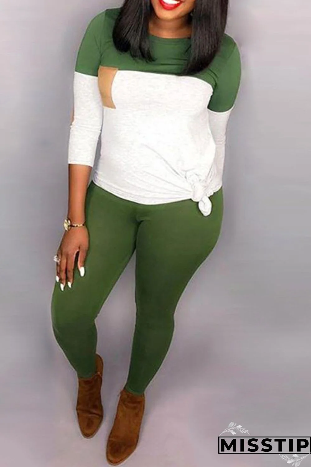 Green Fashion Casual Patchwork Patchwork O Neck Long Sleeve Two Pieces