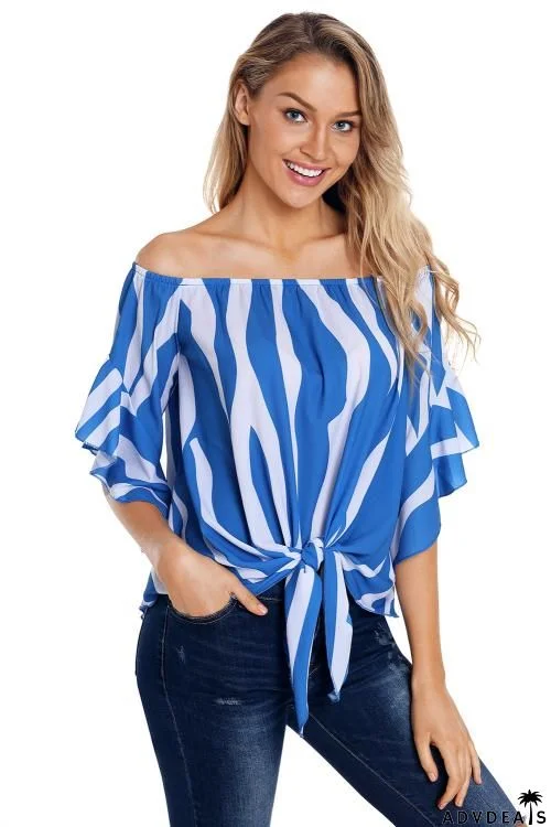 Off The Shoulder Blue White Vertical Stripes Blouse