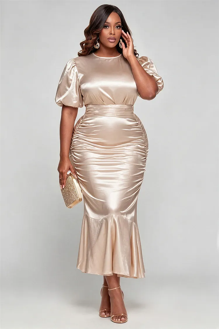 Xpluswear Design Plus Size Cocktail Party Champagne Round Neck Puff Sleeve Short Sleeve Bodycon Satin Midi Dresses [Pre-Order] 2024 - Xpluswear