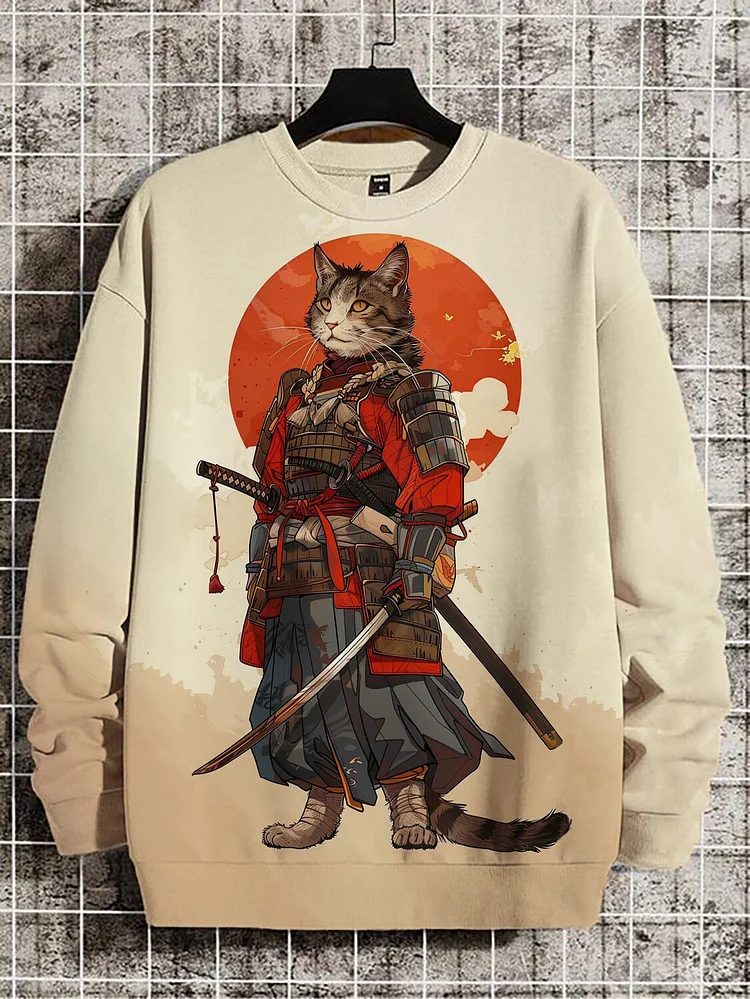 Men's Japanese Samurai Cat Art Print Casual Sweatshirt