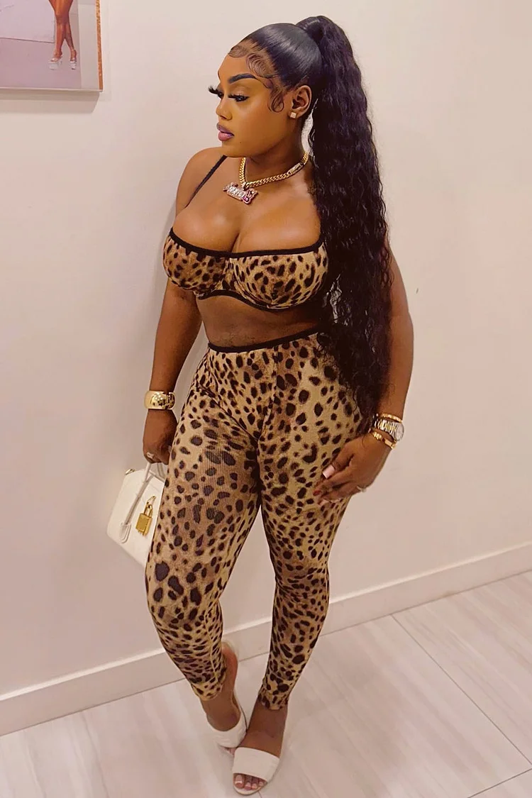 Leopard Print Cami Crop Top Leggings Party Daily 2pcs Set-Brown
