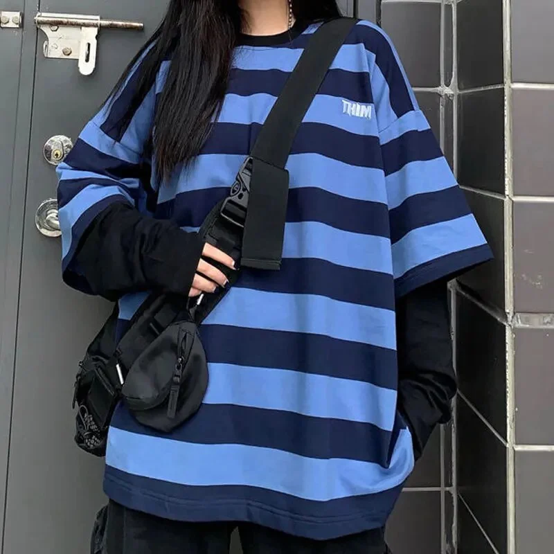 Applyw Oversized Striped T-shirt Women Goth Harajuku Fake Two-piece Tee Couple Streetwear Casual Loose Long Sleeve Women Tops