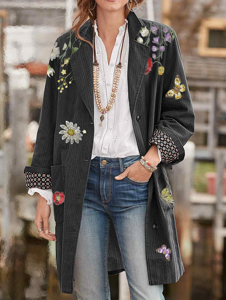 UR Floral Print Lapel Collar Single Breasted Coat