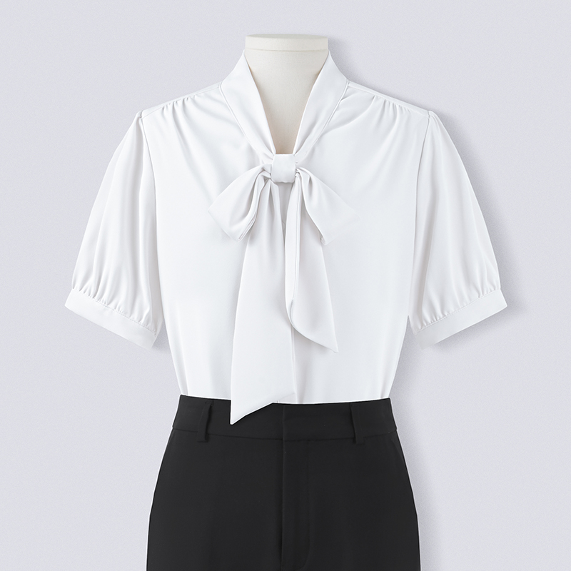 Resellerhostar LeLenth Women's Professional Short Sleeve Shirt Spring Interview  Knot White Formal Shirt Set OL Sle Bubble Sleeve