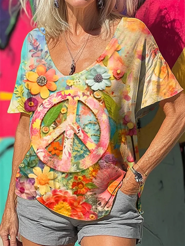 Women's Hippie Floral Art Print 100%Cotton V-neck T-Shirt