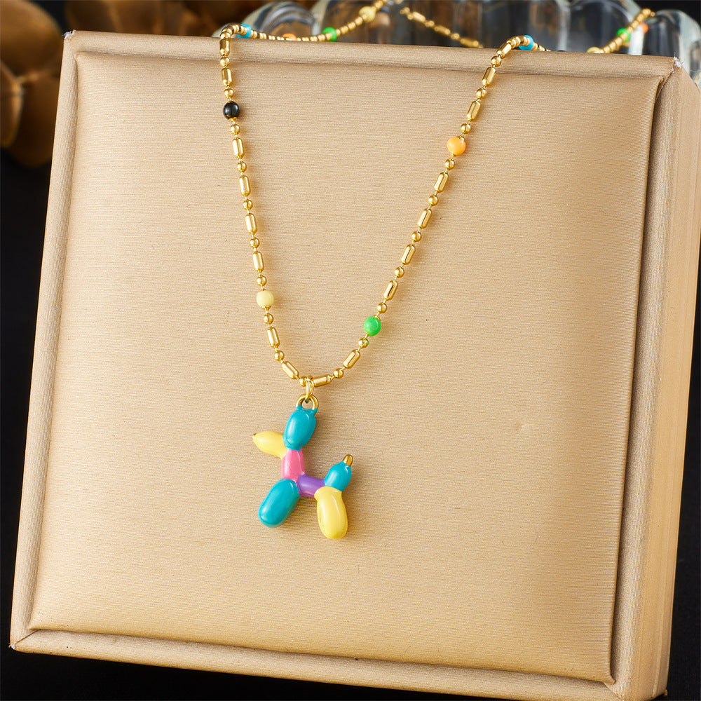 Korean Cartoon Oil Drop Color Balloon Dog Cute Three-Dimensional Dog Pendant Round Bead Chain Stainless Steel Necklace