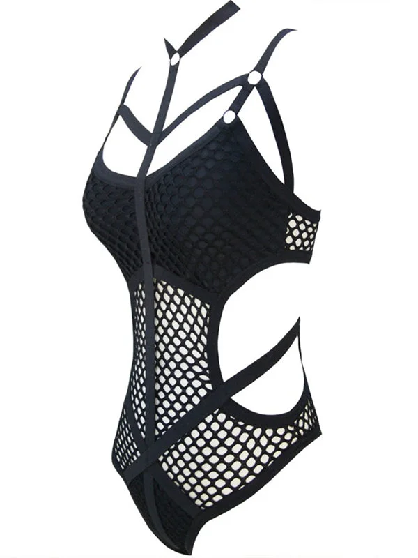 Black Sheer Knit Net Mesh Halter Bodysuit