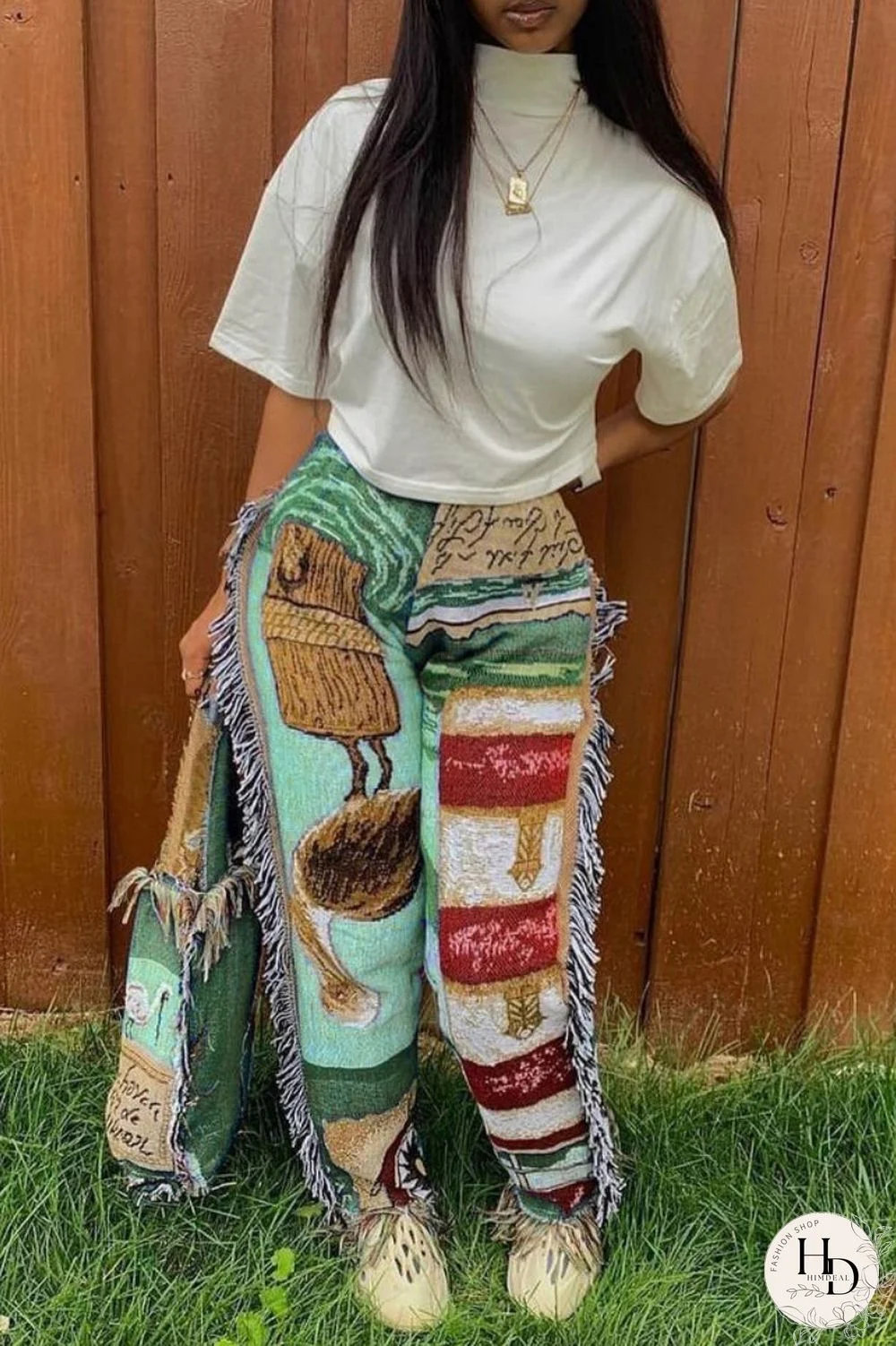 Sky Blue Casual Print Tassel Patchwork Regular High Waist Conventional Full Print Trousers