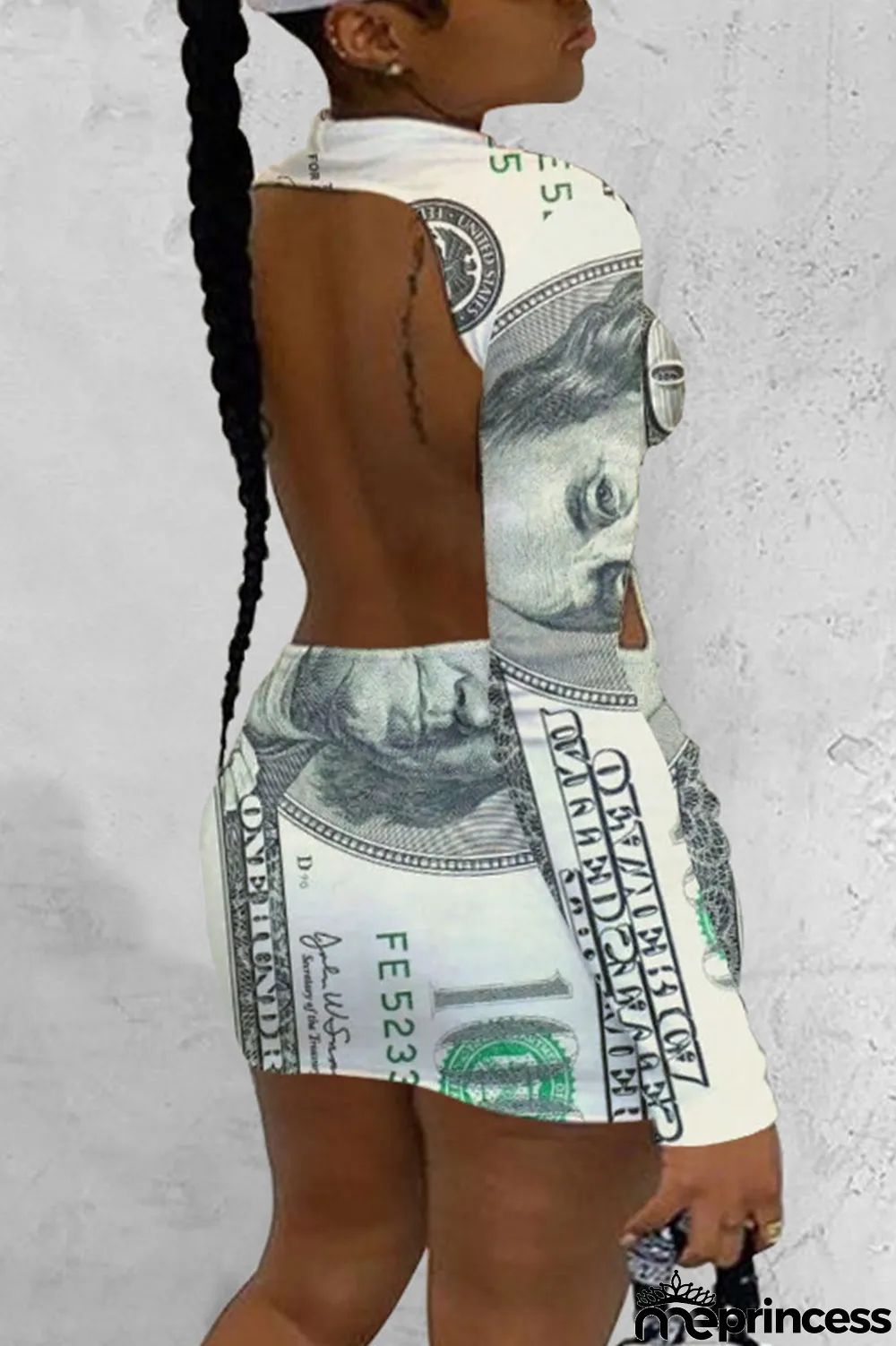 White Casual Print Backless Fold O Neck Pencil Skirt Dresses