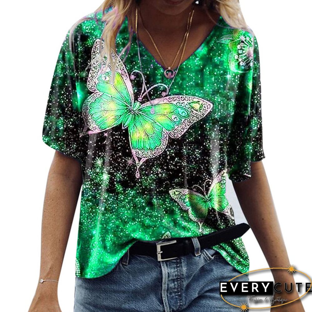 Women's Fashion Spring and Autumn New Five-point Sleeve Butterfly Print Tops