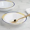 10 Pack | White Round 12oz Disposable Plastic Soup Bowl With Gold Vine and Royal Blue Rim