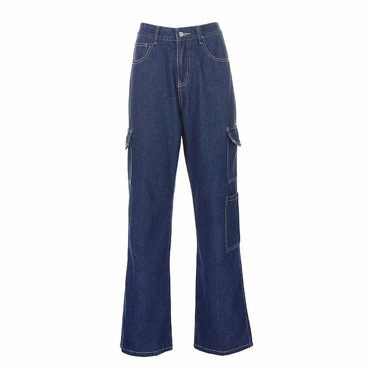 Fashion Pure Color Pocket Straight Denim Pants - Modakawa Modakawa