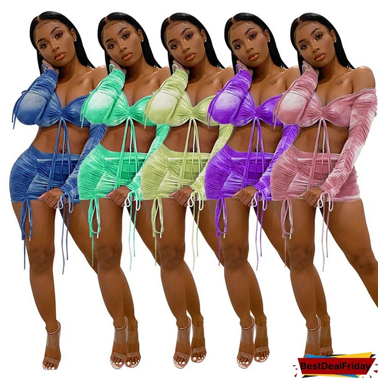 Tie Dye Print Drawstring Sexy Co-Ord Sets Women Long Sleeve Ruched Sexy 2 Piece Outfits Club Bodycon Top & Skirt Set