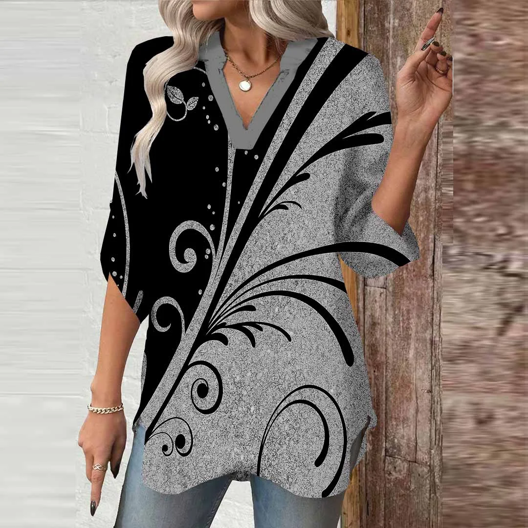 Women Black,Grey,Geometric DZGA0629 3/4 Sleeve V-neck Printed Graphic Button Tops