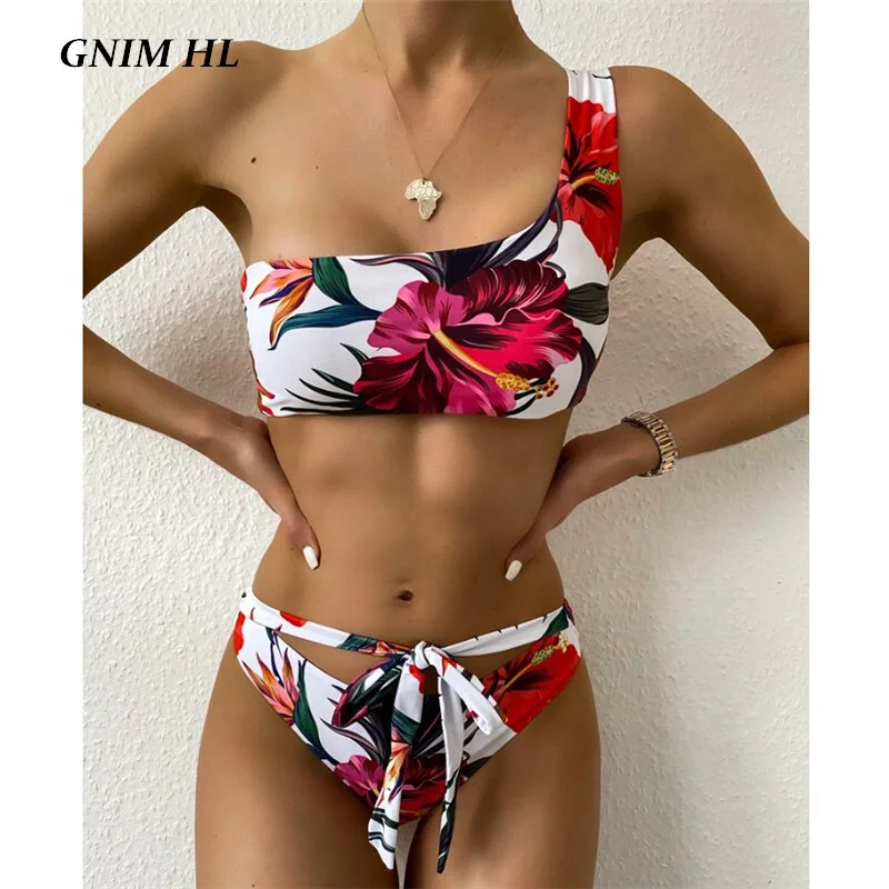 GNIM One Shoulder Bikini Swimwear Women Push Up 2020 Summer Bandage Print Bather Suit Women Two Piece Beachwear Swimsuit Biquini