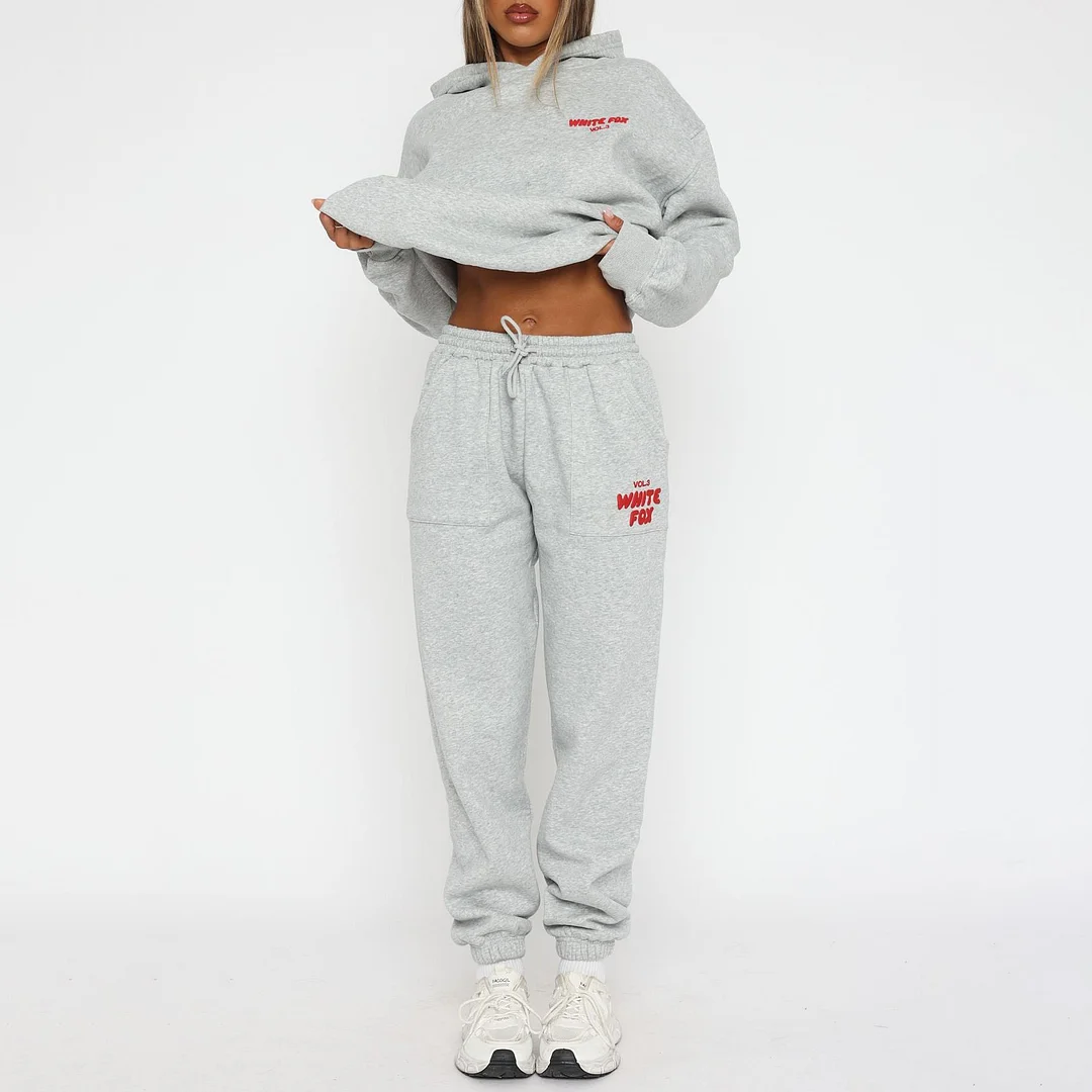 Fashion Sports LOGO Long Sleeve Pullover Hooded Sweatshirt Two Piece Set