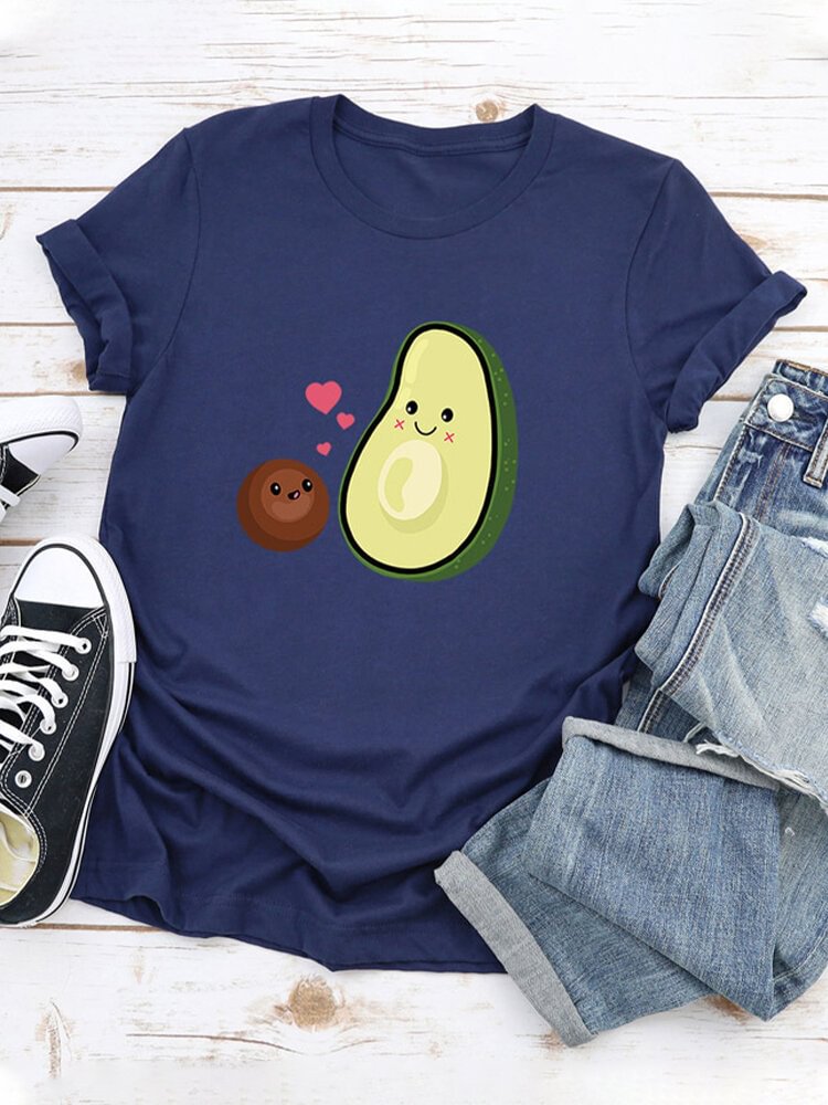 Avocado Cartoon Printed Short Sleeve T shirt For Women P1666297