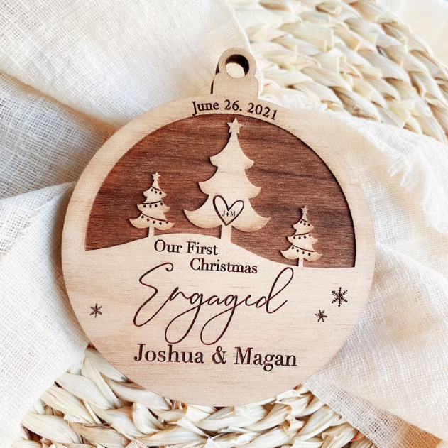 Customize Our First Christmas Engagement Ornaments - Couple Gifts - Engagement Items - Wooden Hanging Engagement Ornaments