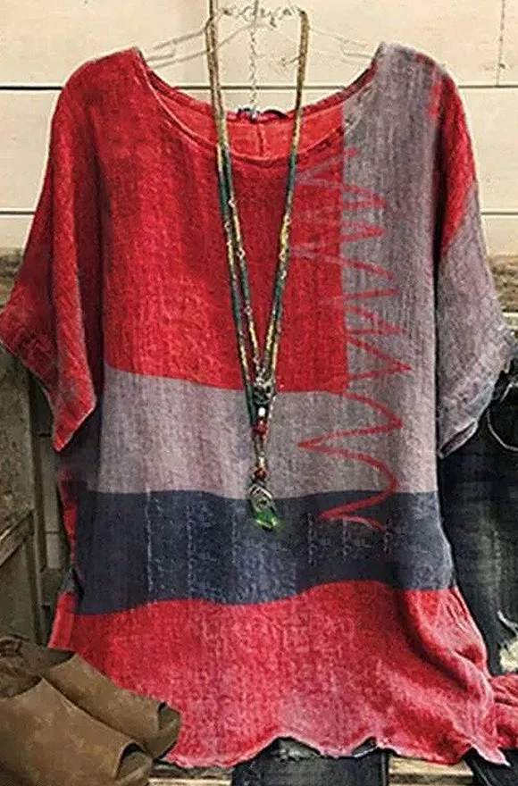 Color Block Loose Round Neck T-shirt