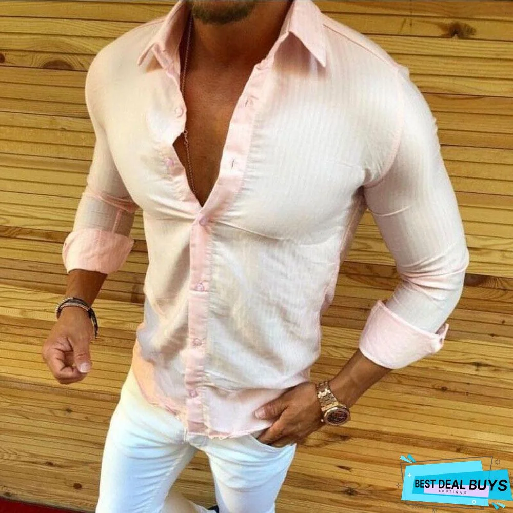 Fashion Lapel Collar Slim Fit Plain Shirt Linen